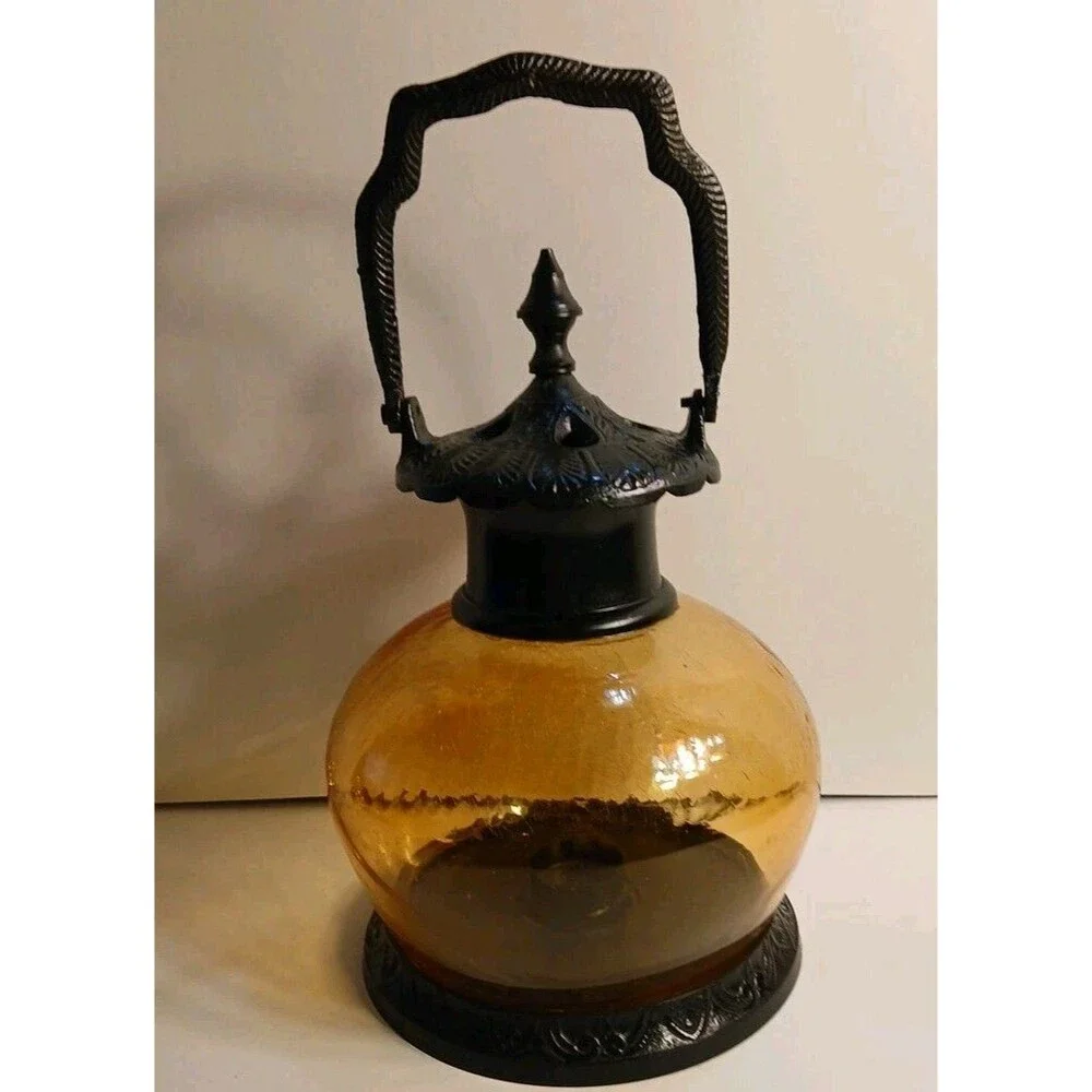 Vintage 12in Lantren Black W/ Gold Crackle Glass Round Globe/ BLACK HANDLE